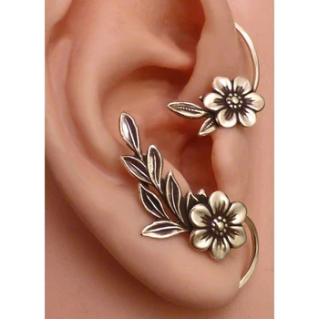 1 Пара серебряных листьев и цветочных ушных каффов для женщин, серьги-гвоздики асимметричного дизайна, зажимы для ушей, свадебные украшения Изображение