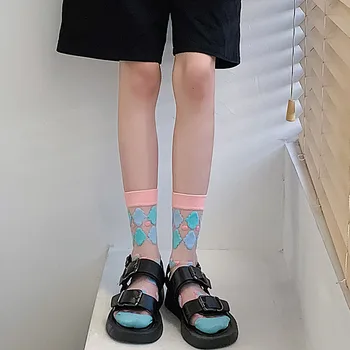 1 пара нейлоновых шелковых носков с цветочной вышивкой, INS, Ультратонкие Прозрачные Дышащие Летние Хрустальные Кавайные Женские и женские Винтажные Сладкие Изображение