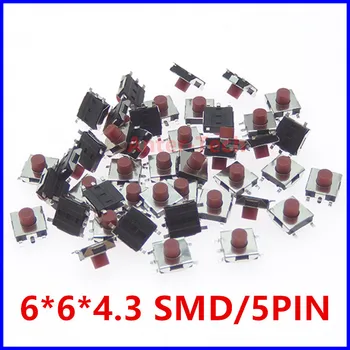 100ШТ Плоский красный кнопочный переключатель SMD 5Pin 6x6 тактов 6*6*4.3 Микропереключатель ММ 6x6x4.3mm 6.2X6.2 6.2 *6.2 Изображение
