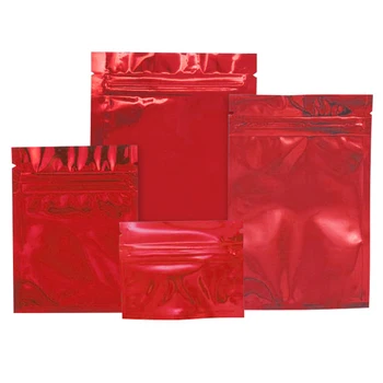 100шт Глянцевый красный мешок из алюминиевой фольги, застежка-молния, Разрывная насечка, повторно закрываемые Плоские Пакеты для хранения конфет, закусок, кофейных зерен. Изображение