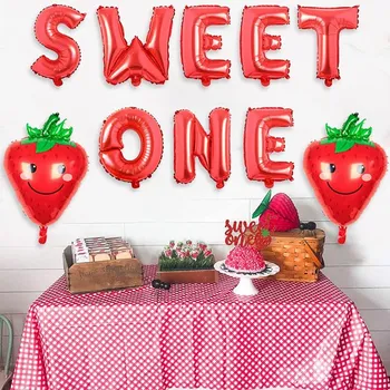 16-дюймовое украшение тематической вечеринки Sweet One Fruit 18-дюймовые воздушные шары из алюминиевой пленки с прекрасной клубникой, декор вечеринки по случаю дня рождения девушки Изображение