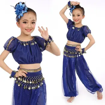2019 Новый детский комплект костюмов для танца живота, детский индийский танцевальный костюм, комплект из 5 предметов, Одежда для танца живота для девочек Изображение