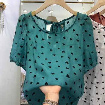 2022 Летняя Женская блузка с принтом в виде сердца, Зеленые Повседневные топы, блузки-фонарики с коротким рукавом, Модная Офисная женская одежда Изображение