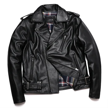 2022 Новая мотоциклетная куртка из 100% натуральной кожи, мужские куртки с косой молнией из натуральной воловьей кожи, Тонкая байкерская одежда, пальто Изображение