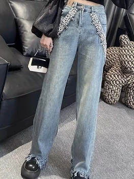 2023 Весенние новые джинсы с высокой талией, модные повседневные прямые брюки для похудения, женские джинсовые брюки в стиле ретро с бусинами и кисточками тяжелой промышленности Изображение