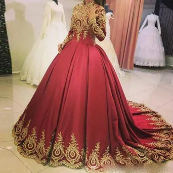 2023 Мусульманские вечерние платья бордового цвета 2023 Дубай Исламский Арабский атлас С золотыми кружевными аппликациями, Высокая шея, Длинные рукава, Официальная одежда Изображение
