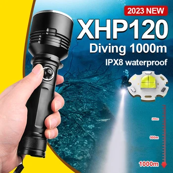 2023 Подводный 1000 м Фонарик для дайвинга XHP120 IPX8 Водонепроницаемый Фонарь Профессиональный Фонарь для дайвинга L2 Рабочая лампа для подводного освещения Изображение