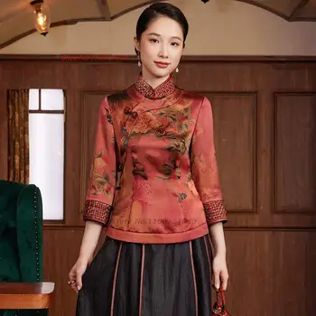 2023 традиционный китайский винтажный ципао топы женские с национальным цветочным принтом атласная блузка чайный сервиз hanfu рубашка ретро ципао блузка Изображение
