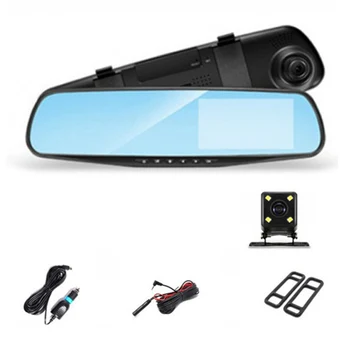 4,3-дюймовый автомобильный видеорегистратор, зеркало заднего вида, видеорегистратор для вождения, двухобъективная камера 1080P IPS, передняя и задняя камеры, видеорегистратор Изображение