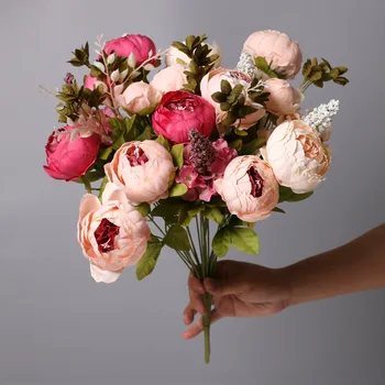 47 см Роза Розовый шелковый пион Букет искусственных цветов 13 больших головок и 3 бутона Дешевые искусственные цветы для домашнего свадебного украшения в помещении Изображение