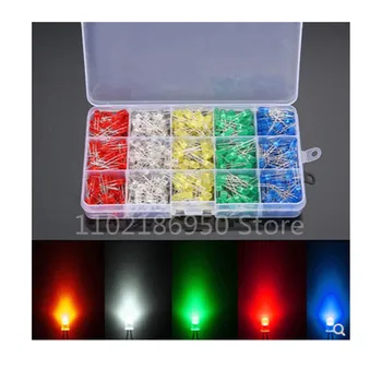 500 штук светодиодных светоизлучающих трубок F5 5mm в штучной упаковке красного, белого, зеленого, желтого и синего цветов, по 100 штук на цвет Изображение