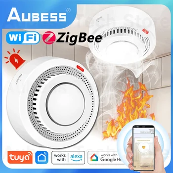 AUBESS Tuya Zigbee WiFi Датчик обнаружения дыма, Пожарная сигнализация, Умный Детектор дыма, Wifi Противопожарная защита, Домашняя Охранная сигнализация Изображение