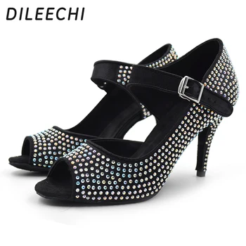 DILEECHI/ Женские черные туфли для сальсы со стразами на тонком каблуке 8,5 см, удобные туфли для бальных латиноамериканских танцев, розовый каблук 10 см Изображение