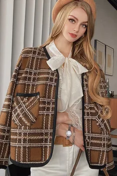 Dabuwawa Демисезонный Женский тренд Винтажный плед эпохи 60/50, изысканное вязаное пальто с круглым вырезом, куртка 2023 DM1AOT011 Изображение
