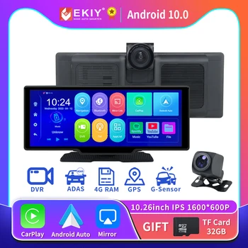 EKIY Автомобильный Мультимедийный плеер Android 10 Apple CarPlay Minitor Автомобильный Видеорегистратор Авторегистратор Видео GPS Navi Dash Cam Камера с Двойным Объективом 1080P Изображение