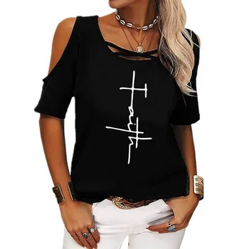 Faith, Женская повседневная летняя футболка с принтом с короткими рукавами и открытыми плечами, футболка для девочек 2022, Свободный топ, футболка Изображение