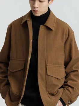 Gmiixder Элегантная Вельветовая куртка 2022 Весна Осень Мужское Винтажное Опрятное Корейское пальто Повседневная Трендовая Куртка Cityboy Bomber Jacket Изображение