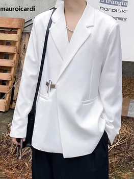 Mauroicardi Осенние свободные повседневные белые черные блейзеры, куртка для мужчин с металлическим замком, мужская роскошная дизайнерская одежда Корейской моды 2023 Изображение