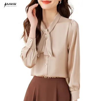 NAVIU Модная элегантная рубашка Для женщин 2023, новинка весны, шифоновые блузки с V-образным вырезом и бантом, офисные женские рабочие топы Изображение