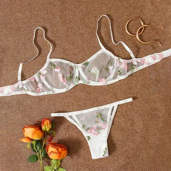 New Fashion G-string Thong Sleepwear Transparent Underwear Lingerie Flower Lace Bra Women Sexy Lingerie Нижнее Белье Женское Изображение