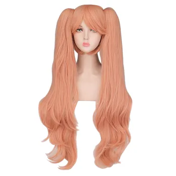 QQXCAIW Длинные волнистые парики для косплея с 2 хвостиками Розовые вечерние парики для косплея из синтетических волос Изображение