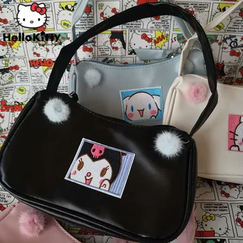 Sanrio Hello Kitty Kuromi Повседневная сумка через плечо Y2k Женская сумка из искусственной кожи, портативная сумка на молнии, Корейская универсальная дизайнерская милая сумка Изображение