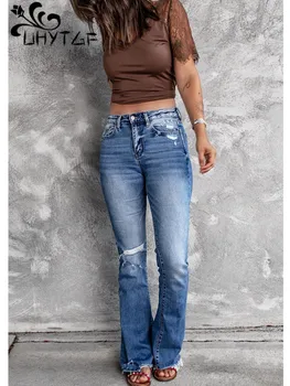 UHYTGF Весенне-осенние джинсы, женские рваные брюки-клеш с высокой талией, Ретро Эластичная сила, Новые женские джинсы, 23 Изображение
