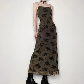 Y2K Винтажное модное платье с ремешком и принтом Женское Летнее сетчатое универсальное Шикарное вечернее длинное платье в готическом стиле Сексуальное облегающее платье Изображение