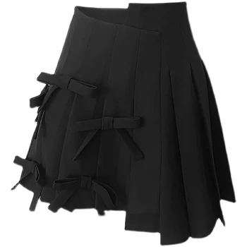 y2k женская юбка с принтом в стиле харадзюку, ретро, плиссированная мини-юбка с высокой талией, асимметричная юбка с бантом, женский комплект, платье-накидка, бар Изображение