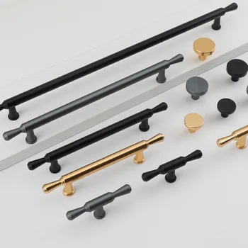 Алюминиевые Мебельные ручки Ручки шкафа для кухонного шкафа-комода Черный Золотой Изображение
