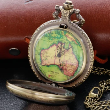 Антикварная изысканная карта, Кварцевые карманные часы, стальная винтажная цепочка-брелок, Бронзовые часы, лучший подарок для мужчин и детей Изображение