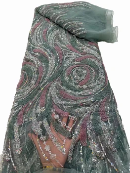 Африканская двухцветная вышивка бисером, пайетки, кружевная вышивка, сетчатая ткань, роскошное свадебное платье, ткань 5 ярдов Изображение