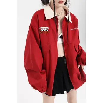 Бейсбольная куртка в кампусном стиле, женская куртка 2023, весна-осень, новая винтажная красная повседневная куртка свободного кроя для пары, Тренд Изображение