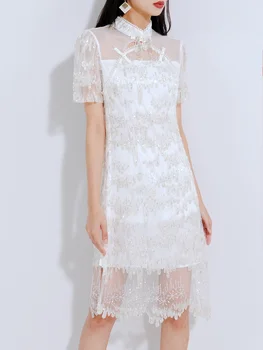 Белое Новое китайское Улучшенное платье Ципао Женское Летнее платье 2023 года в стиле знаменитостей с сеткой на талии Изображение