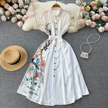 Белое женское платье-рубашка, лето 2023, новая мода, Однобортное платье без рукавов с цветочным принтом Птиц, Шифоновое платье на шнуровке Изображение