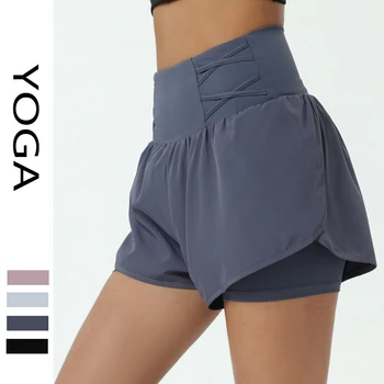 Брюки для йоги Женские двухслойные спортивные брюки с высокой талией для бега и фитнеса, быстросохнущие брюки Изображение