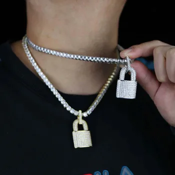 Веревочная теннисная цепочка Micro Pave CZ Iced Out Bling Men Boy Ожерелье с подвеской в виде замка в стиле хип-хоп, высококачественные мужские украшения в стиле рок-панк Изображение