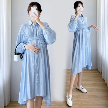 Весенне-осенние платья для беременных, одежда для кормящих, французские свободные однобортные платья большого размера для беременных Изображение