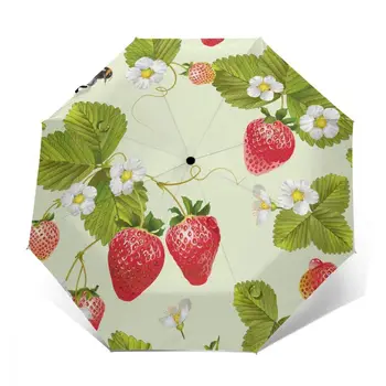 Ветроустойчивый Полностью Автоматический Зонт Strawberry Tea С Цветами И Листьями Rain 3 Складной Зонт Для Путешествий Автомобильный Зонт Изображение