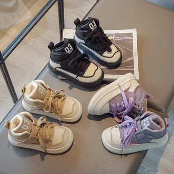 Высокие детские массивные кроссовки, зимние бархатные детские кроссовки, модная спортивная обувь для мальчиков и девочек в стиле пэчворк для студентов F10101 Изображение