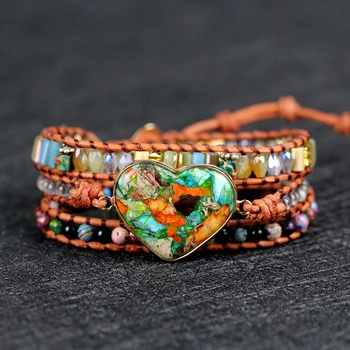 Высококачественные браслеты с сердечками из натурального камня для йоги Ручной работы ювелирные изделия в стиле бохо прямая доставка Изображение