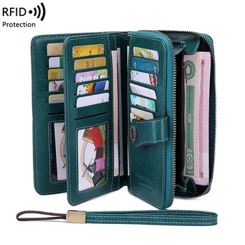 Высококачественный женский кошелек RFID, противоугонные кожаные кошельки для женщин, большая женская сумка-клатч на длинной молнии, женский кошелек, держатель для карт Изображение