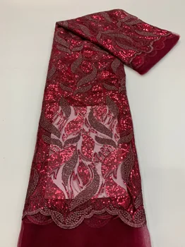 Горячая распродажа африканской кружевной ткани 2023, новейшая красная индийская ткань сари, высококачественная тюлевая кружевная ткань с блестками, свадебное платье Изображение