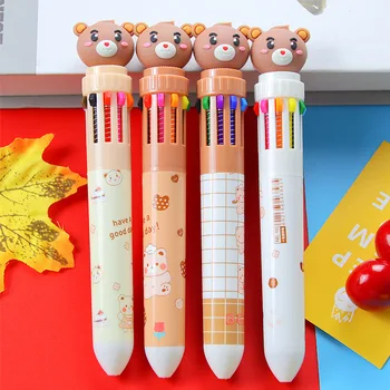 Десятицветная шариковая ручка Creative bear, милые студенческие канцелярские принадлежности, десятицветная шариковая ручка, маленький стилус свежего цвета. Изображение