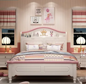 Детская кровать для девочек, плоская кровать розовой принцессы, 1,2 м, 1,5 м, современная простая кровать для девочек, Высокий ящик для хранения Изображение