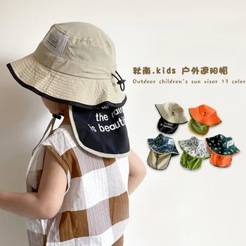 Детская солнцезащитная шляпа Корейского бренда INS для защиты шеи, рыбацкая шляпа для мальчиков и девочек, детская шляпа с зонтиком, быстросохнущая Изображение
