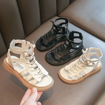 Детские римские сандалии 2023, Новая летняя модная обувь принцессы, обувь для маленьких девочек, универсальные однотонные детские нескользящие сандалии Изображение