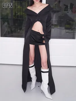 Дизайнерский Тренч BPN Soild Для женщин с Зубчатым воротником и длинным рукавом, Двубортные пальто для похудения, женская мода Изображение