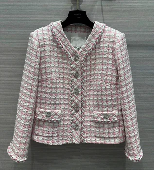 Европейская и американская женская одежда 2023, весенняя новинка, однобортное твидовое пальто в розовую клетку с V-образным вырезом и длинным рукавом Изображение