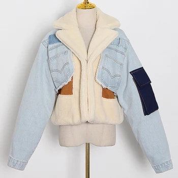 Женская зимняя куртка из овечьей шерсти в стиле пэчворк контрастного цвета, тяжелая свободная джинсовая куртка, пальто Изображение